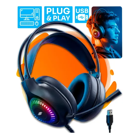 Fone De Ouvido Gamer Headset 50mm Com Fio Over-Ear Com Microfone Para Jogos Luz Led Rgb Ps4 Pc Xbox One Series S/X Entrada USB Cor Preto - GoodVision