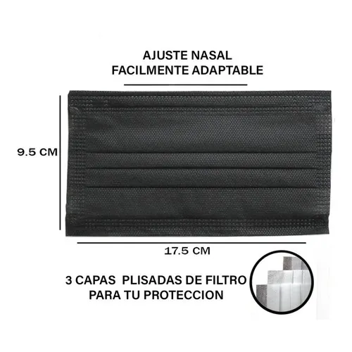 500 Cubrebocas Tricapa Termosellado Mascarilla Plisado Negro