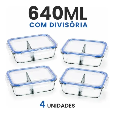 Conjunto 4 Potes Hermético Vidro 640ml C/ Divisória Marmita Transparente