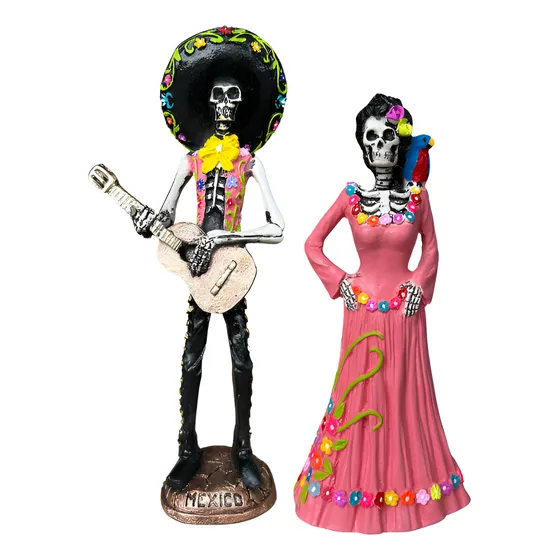 Set Catrín Mariachi Y Catrina Con Perico 22cm Jart Artesanía