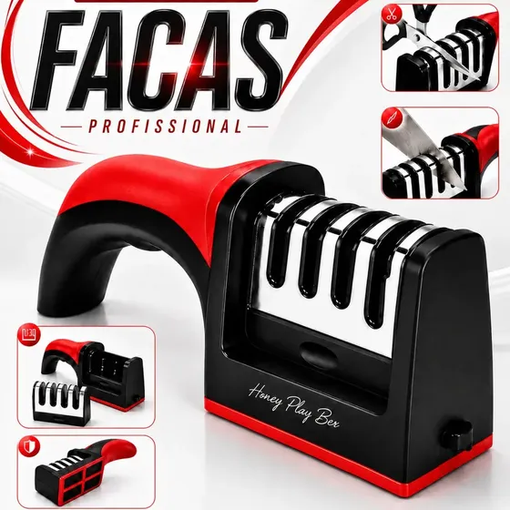 Amolador de Facas e Tesouras Honey Play Box 4 em 1, Profissional para Cozinha e Churrasco