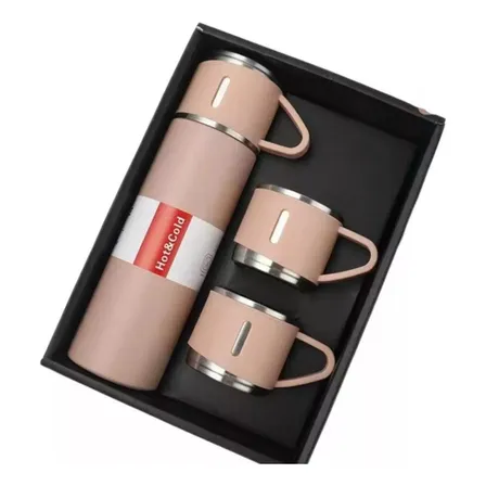 Set de termos con vasos de acero inoxidable al vacío, agua rosa y café