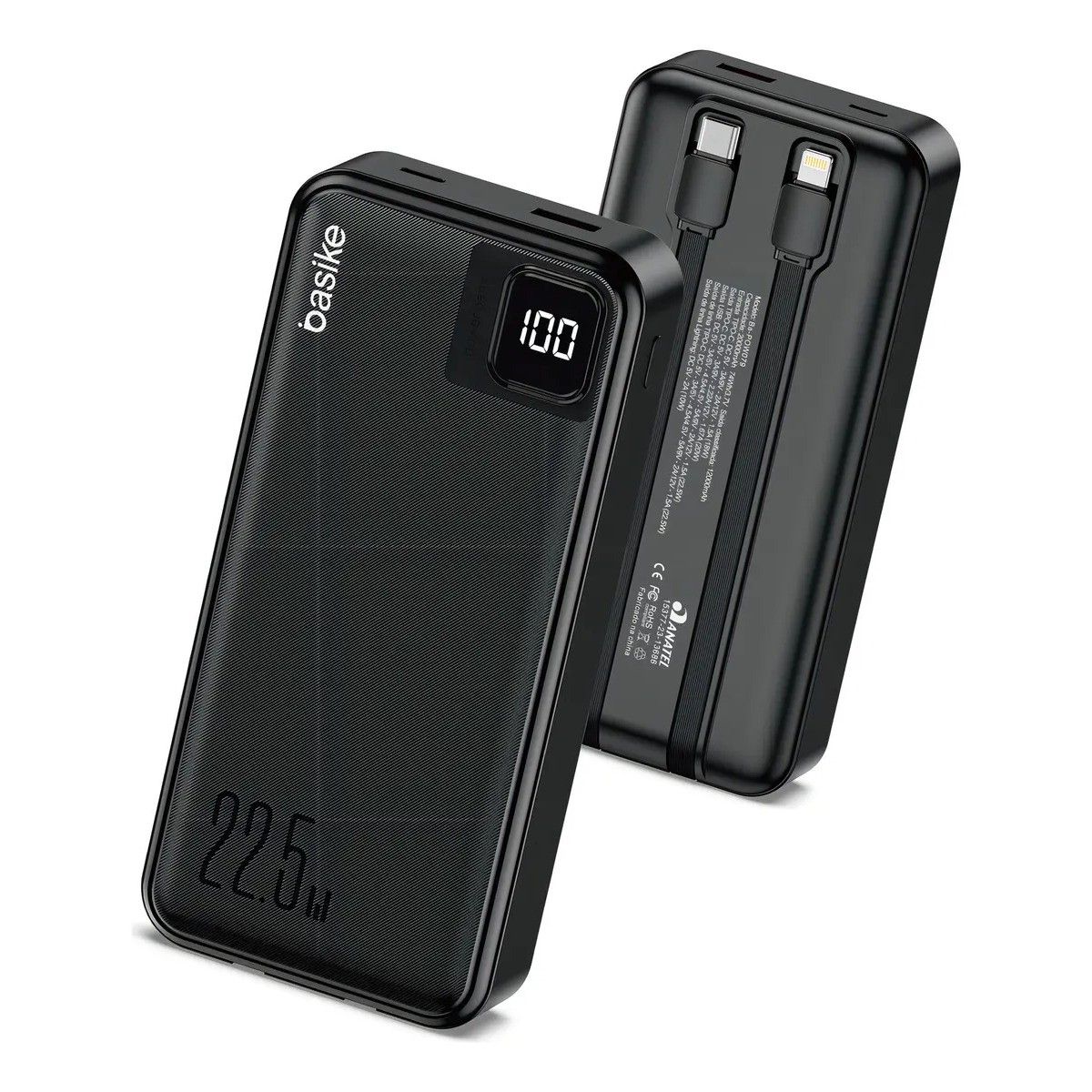 Power Bank Basike 20000mAh Preto, Carga Rápida 22.5W para iPhone e Samsung, Com Cabos Embutidos e Display