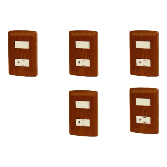 Kit De 5 Placas Armadas Contacto Y Apagador Color Madera