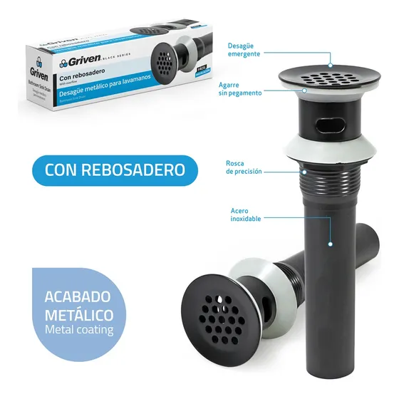 Desague Lavamano De Rejilla Con Rebosadero Negro
