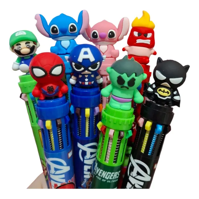 01 Caneta Com 10 Cores - Marvel / Lilo Stitch / Mario Bros