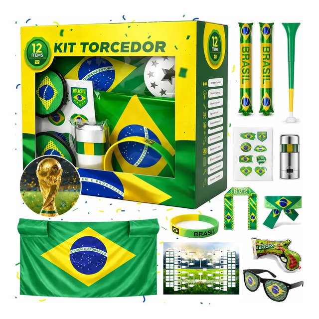 Kit Torcida Brasil Copa 2026 - Bandeira, Vuvuzela E Mais