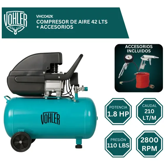 Compresor de Aire 42L 1.8HP Portátil Con Manómetro y Ruedas Völher