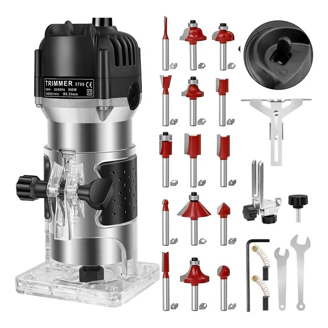 Monstyle Router Madera, Kit Enrutador compacto de arranque de suave 800W de velocidad 30.000 RPM fresadora de madera eléctrica de recortadora con 15 brocas de 6,35 mm para carpintería corte curvas