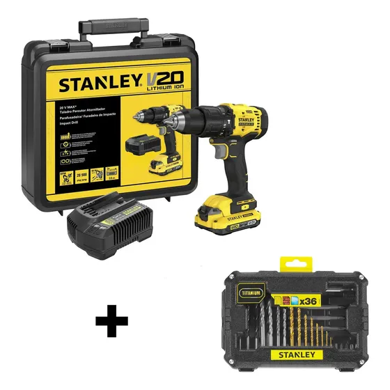 Kit Taladro Percutor 20v+ 36 Pzs Perforar/atornillar Stanley Amarillo