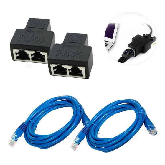 Adaptador Duplicador Rj45 Emenda Extensor + 2 Cabos 3 Metros