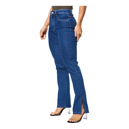 Calça Jeans Feminina Modelagem Reta Com Fenda Índigo Sawary