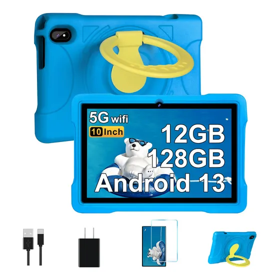 Tablet para Niños Aocwei X700 Azul 2024 Android 13 128GB ROM 12GB RAM TF 512GB Expansión 10'' Octacore 2.0Ghz WIFI 2.4G 5G Bluetooth 5.0 Certificación Google GMS con Funda EVA