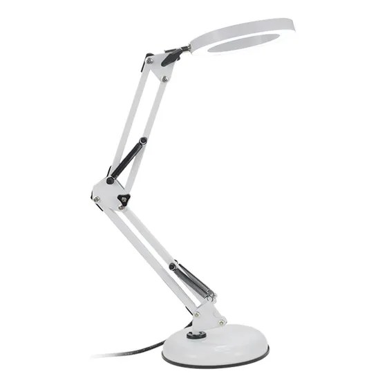 Lampara Escritorio Hierro Con Lupa Y Base Plegable Led Estructura Blanco
