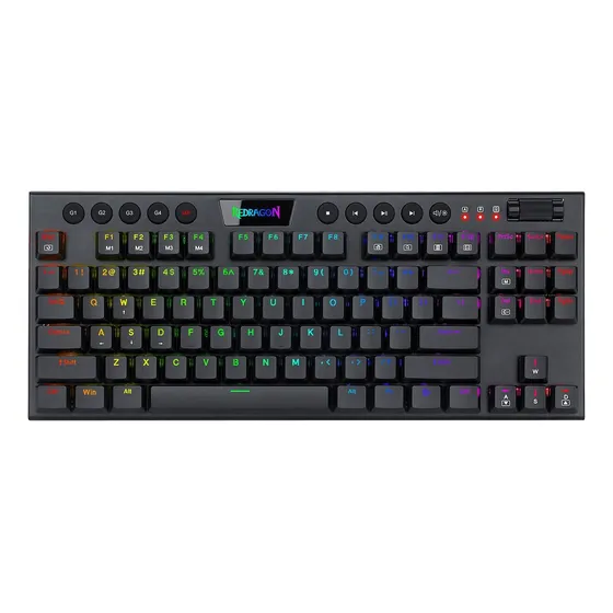 Teclado gamer bluetooth Redragon Horus QWERTY Red Ultra low profile español latinoamérica color negro con luz RGB