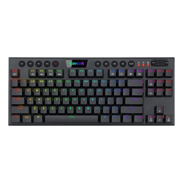 Teclado gamer bluetooth Redragon Horus QWERTY Red Ultra low profile español latinoamérica color negro con luz RGB