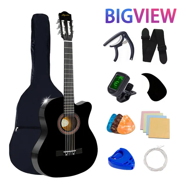 Guitarra Bigview Clásica 38in Para Diestros Color Negro Con Paquete De Accesorios QC-38