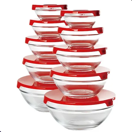 Conjunto 10 Potes Tigelas Vasilhas Bowls Em Vidro Com Tampa Vermelho