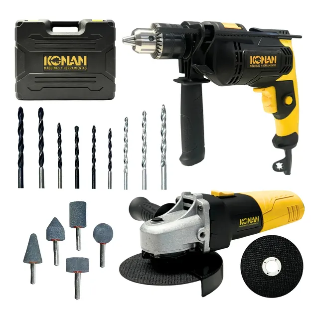 Combo Taladro 750w Y Amoladora Angular 115mm 720w Konan Bricolaje Construcción Amarillo/negro 50