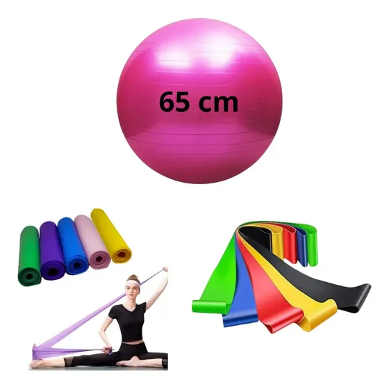 Bola Suiça Pilates Fisio 65cm + Faixa Elastica + 5 Mini Band Cor Rosa