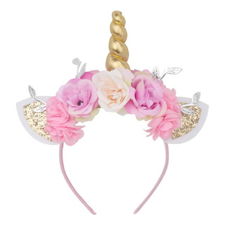 Diadema Unicornio Con Tocado Flores Y Hojas Plateadas Con Diadema Unicornio Con Tocado Flores Y Hojas Plateadas Con