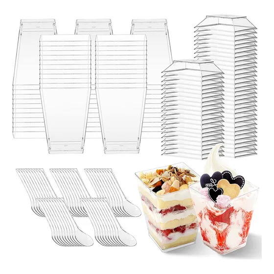 Pack X50 Vasos Acrílico Con Tapa Para Postres 150ml+cucharas