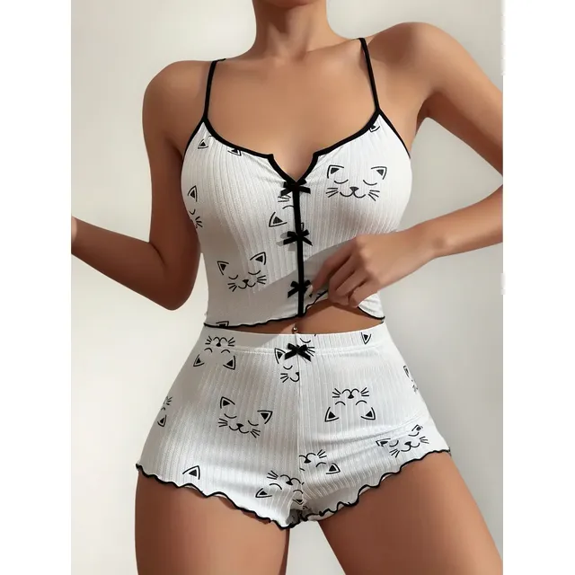 Conjunto Sensual Pijama Corto Peto Y Short Con Diseños Mujer