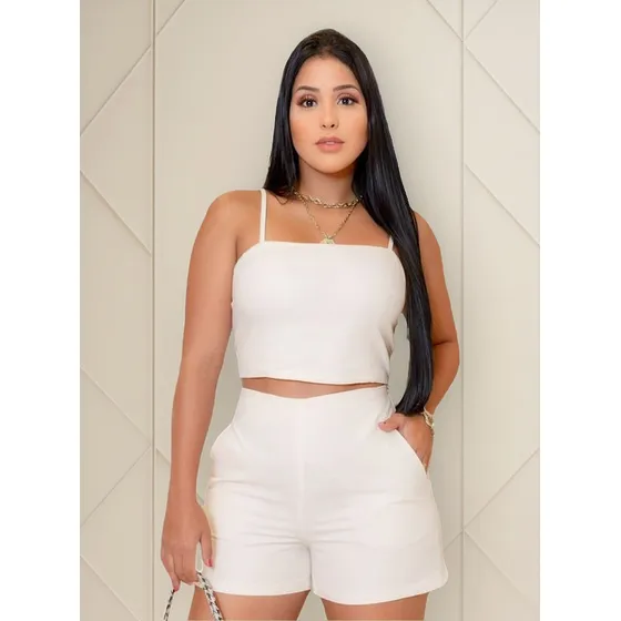 Conjunto 2 Peças Short E Cropped Em Linho Feminino Verão