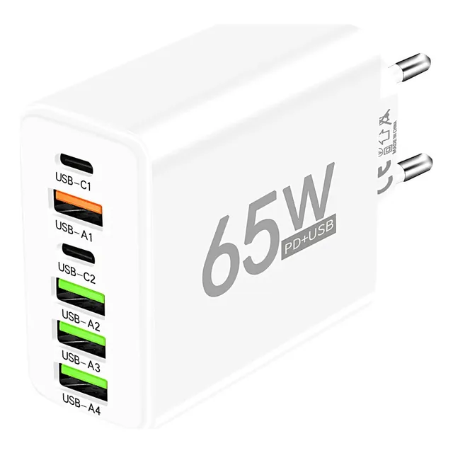 Cargador 6 Puertos Doble Usb C Pd Carga Rapida 3.0 65w
