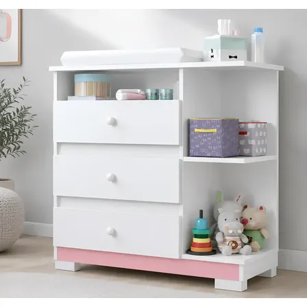 Cômoda Infantil Com Trocador 3 Gavetas E Nicho Organizador Rosa