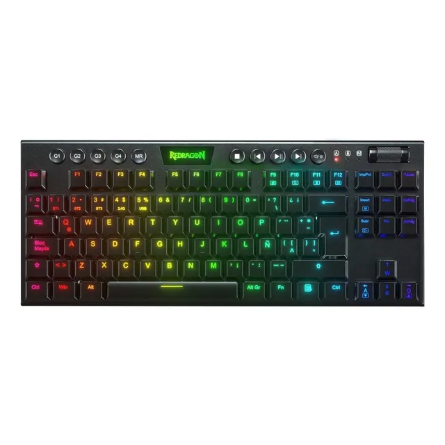 Teclado gamer bluetooth Redragon Horus QWERTY Redragon Ultra low profile Red español latinoamérica color negro con luz RGB