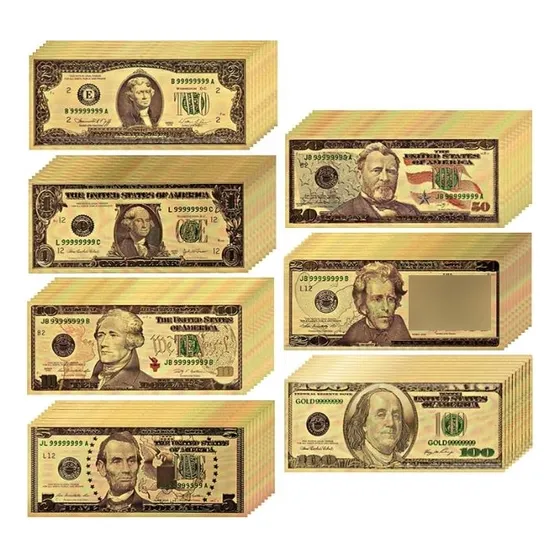 Set Billete 1/2/5/10/20/50/100 Dólar, Con Revestimiento Oro