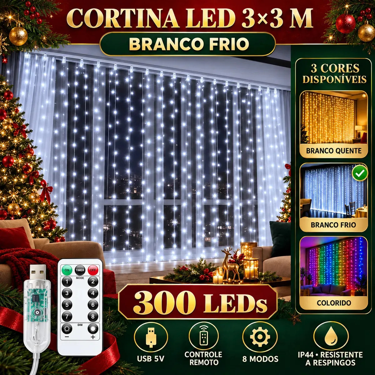 Pisca Cortina 300 Leds 3x3m Usb Ip44 8 Modos Iluminação Luzes Fada Decoração De Natal Festa Branco Frio Luvinco Pisca Cortina 300 Leds 3x3m Usb Ip44 8 Modos Iluminação Luzes Fada Decoração De Natal Festa Branco Frio Luvinco