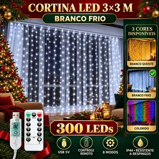 Pisca Cortina 300 Leds 3x3m Usb Ip44 8 Modos Iluminação Luzes Fada Decoração De Natal Festa Branco Frio Luvinc