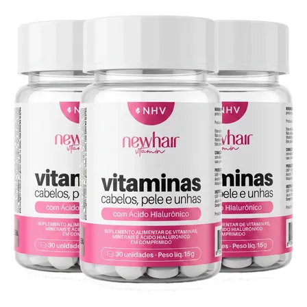 Vitamina Capilar Ácido Hialurônico New Hair 3 Potes 90 Cps Sem Sabor