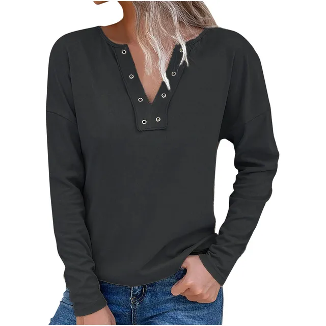 Tops Para Mujer Moda Boton Cuello V Hombro Caido Manga Larga