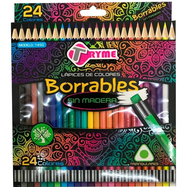 Lapices Colores Borrables Tryme Sin Madera Caja C/24 Piezas