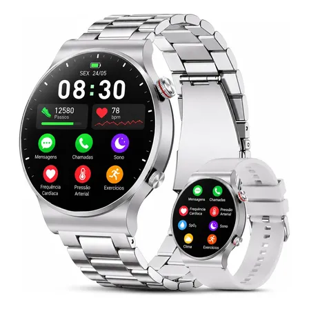 Smartwatch A Prova D'água Mede Pressão Arterial Gps Homem Prateado