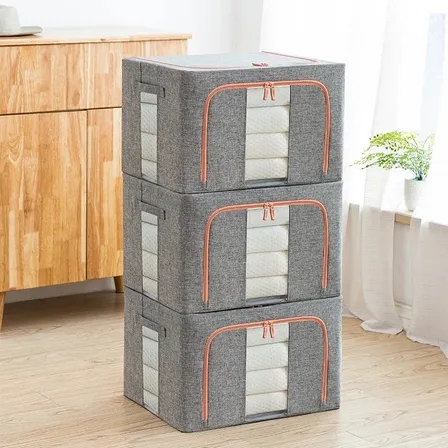 Pack 3 Caja Almacenamiento Lino Para Ropa Soporte De Metal