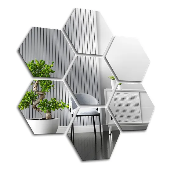 Vinilo Decorativo Espejo en acrílico Pared Adhesivo Hexagonal Hexágono Color Plateado