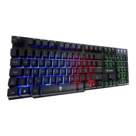 Teclado gamer Evolut QWERTY português Brasil cor preto com luz rainbow