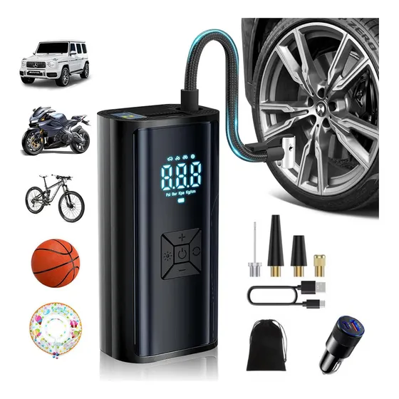 Infinflador De Llantas Inalambrico Portátil Auto Y Moto Llantas Aire Bomba Opresor Lcd Color Negro