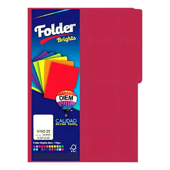 Folder Tamaño Oficio Colores Brillantes 25 Pzas Color Vino