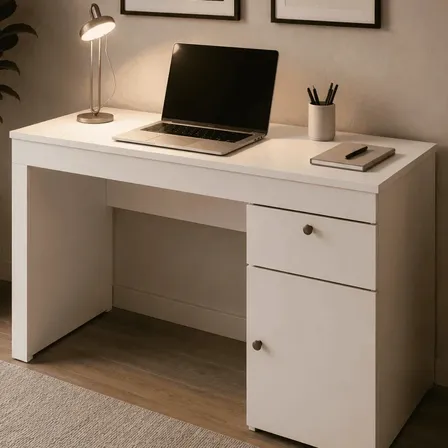Escrivaninha Para Computador 108 Cm Com Porta E Gaveta Mesa Home Office Escritório Quarto Estudo Notebook Moderna Canela Off White