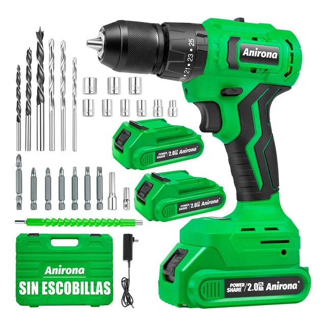 Taladro percutor atornillador inalámbrico de 10mm Anirona AA2015-BL 20V + 2 baterías de 2000Ah + accesorio con estuche de plástico
