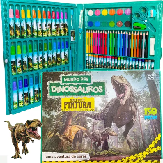 Kit Zeus Escolar Menino Maleta Pintura 150 Peças Mundo Do Dinossauro Jurassic Park Estúdio Colorir Canetinha Giz Cera Lápis Cor Tinta Apontador Cola Tesoura Régua Clips Pincel Material Escola