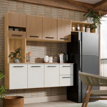 Armário De Cozinha Completa Aéreo 7 Portas E 2 Gavetas Planejada Suspenso Branco Off White Ripado Carvalho Nature Amadeirado Juliana Off Ripado