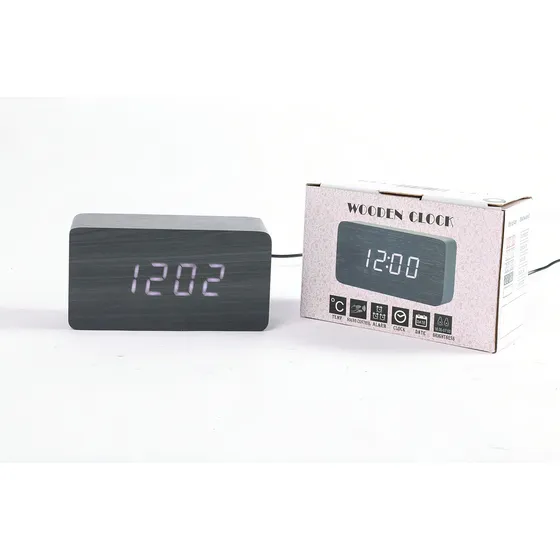 Reloj Despertador Con Fecha Y Temperatura Simil Madera Negro