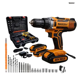 Parafusadeira Furadeira Impacto Sem Fio 2 Baterias Recarregável 48v Bivolt Velocidade Ajustavel Com Travas Mandril Resistente Amarelo-preto 127/220v 60