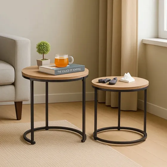 Set Mesas Redondas Jazak / Nido Kit X2 / Hierro Y Madera Mdf / Diseño Industrial / Living Moderno / Auxiliar / Mesas De Apoyo Apilables/ / Fácil Armado / Estilo Elegante / Color Roble Natural Y Negro